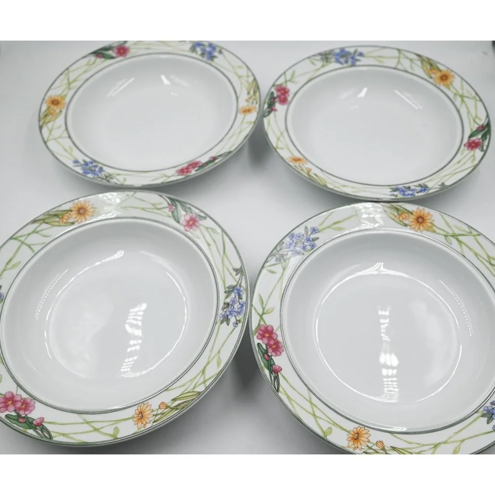 Dansk Cafe Floral Rimmed Soup Bowls Set of 4 Wildflower Porcelain 8.5 Inch